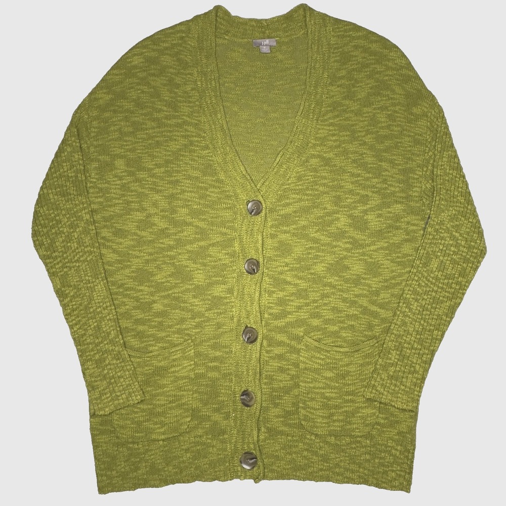 J. Jill Cardigan Sweater Womens Medium Green Button Front Marled Pockets V Neck‎